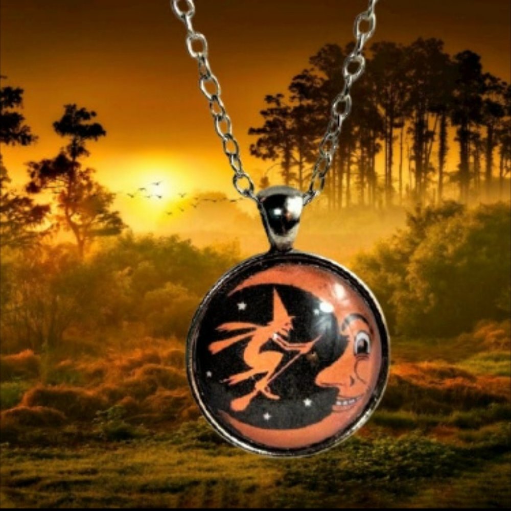 Vintage looking Halloween Witch on a Broom Necklace / Pendant / Cabochon …